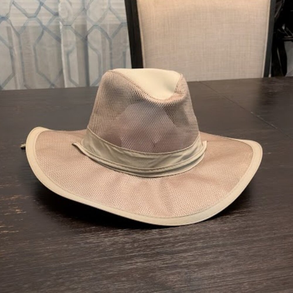 Tan and Cream Western-Style Hat with Wide Brim